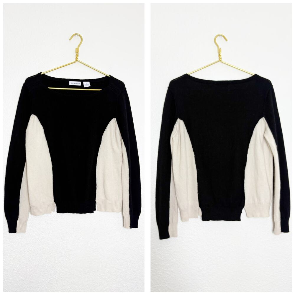 525 America 100% Cashmere Color Block Sweater Size Medium Black Cream Preppy